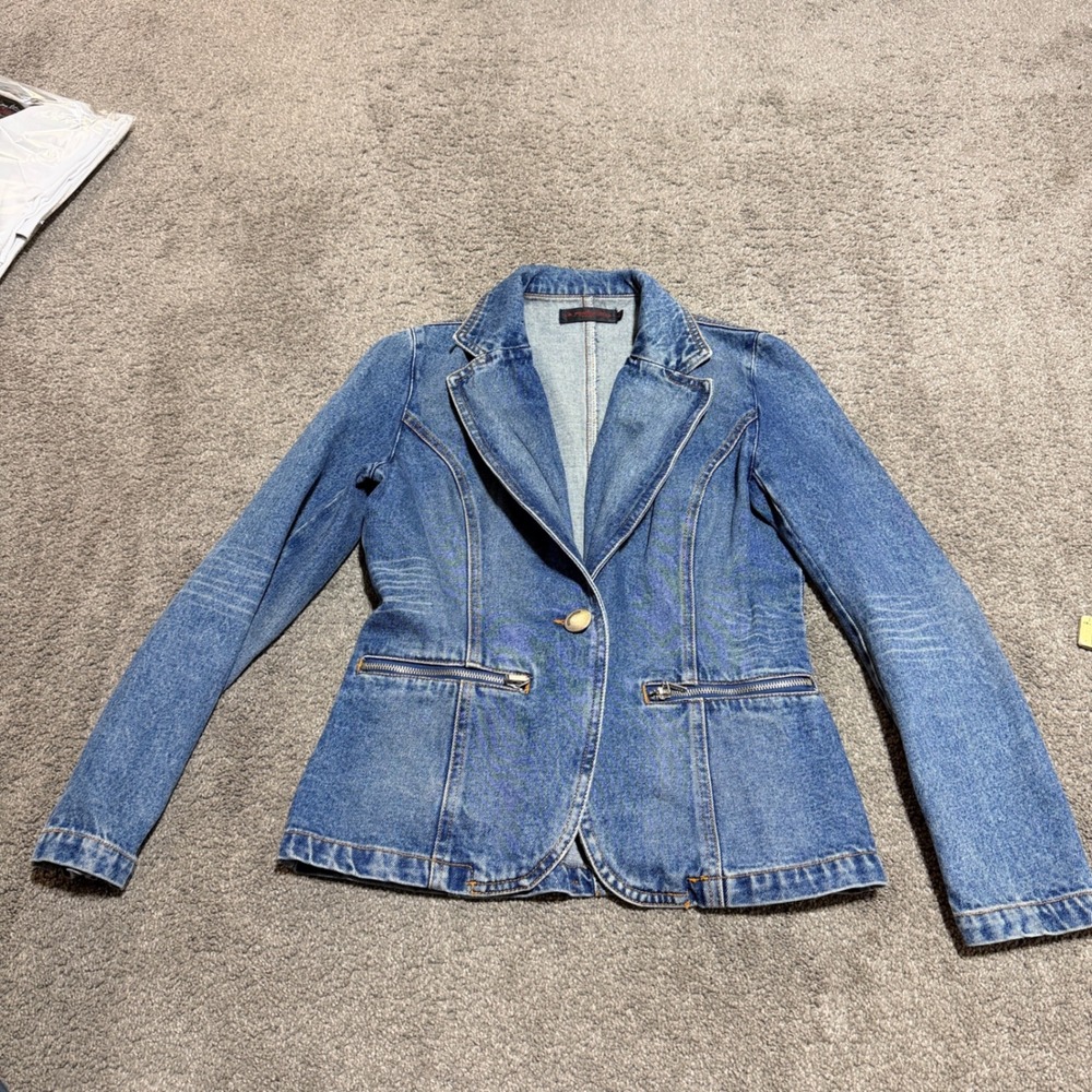 On Parle de Vous Paris Denim Blazer Blue Single Button Zip Pocket Jacket T3 M
